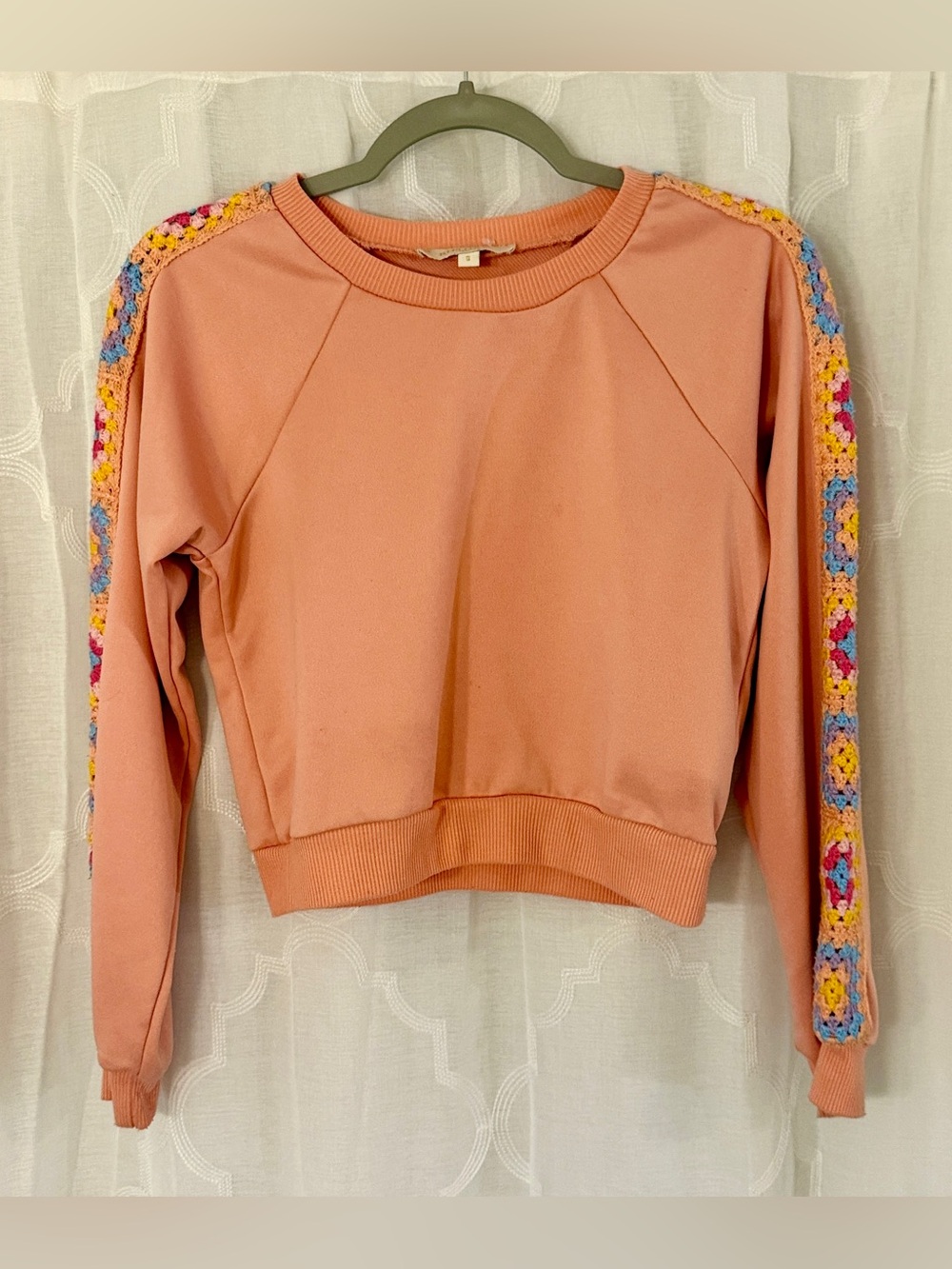Rebellion Small Peach Orange Crochet Trim Sleeve Crewneck Sweatshirt